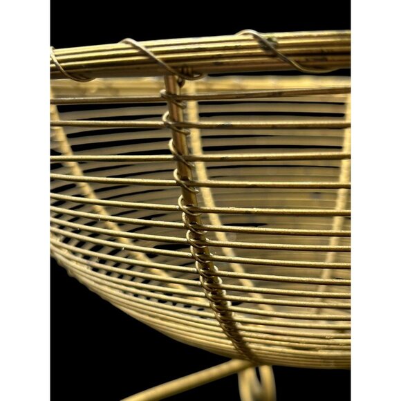 Vintage Gold Round French Woven Wire Pedestal Basket Fruit Boho Centerpiece Bowl - Picture 7 of 8